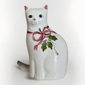 Vintage N.S. Gustin And Company 9x3” Cat Kitten Pink Floral Ceramic White
